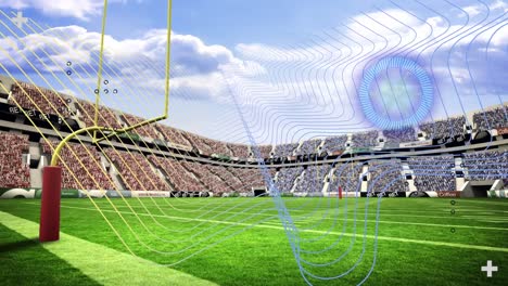 Animation-Eines-Kreisförmigen-Scanners-Und-Kommunikationsnetzwerks-über-Dem-Spielfeld-Des-American-Football-Stadions