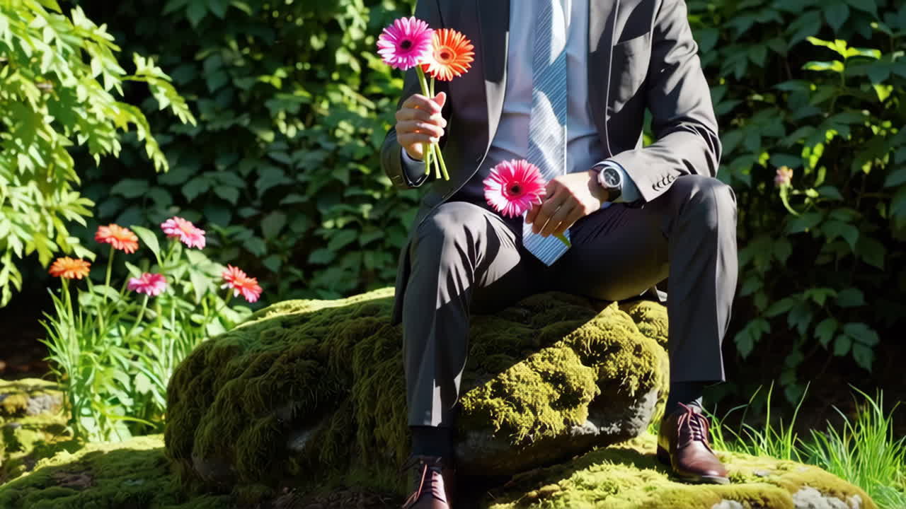Man in Suit Sitting on Mossy Rock in Garden Holding Flowers