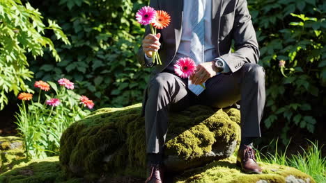 man in suit sitting on mossy rock in garden holding flowers