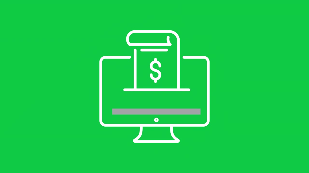 Animated Icon of Document with Dollar Sign Entering Computer Monitor
