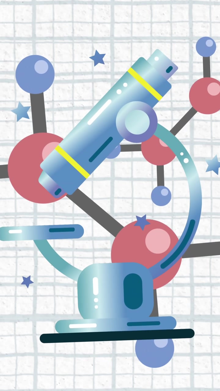 Animação digital de microscópio e estruturas moleculares se movendo em um papel quadriculado