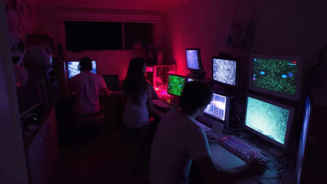 A Group of Tech Enthusiasts Immersed in Digital Displays, Engaged in Collaborative Projects in a Dimly Lit Room with an Array of Colorful Monitors and Ambient Lighting
