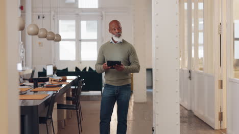 businessman, mature or digital tablet in modern