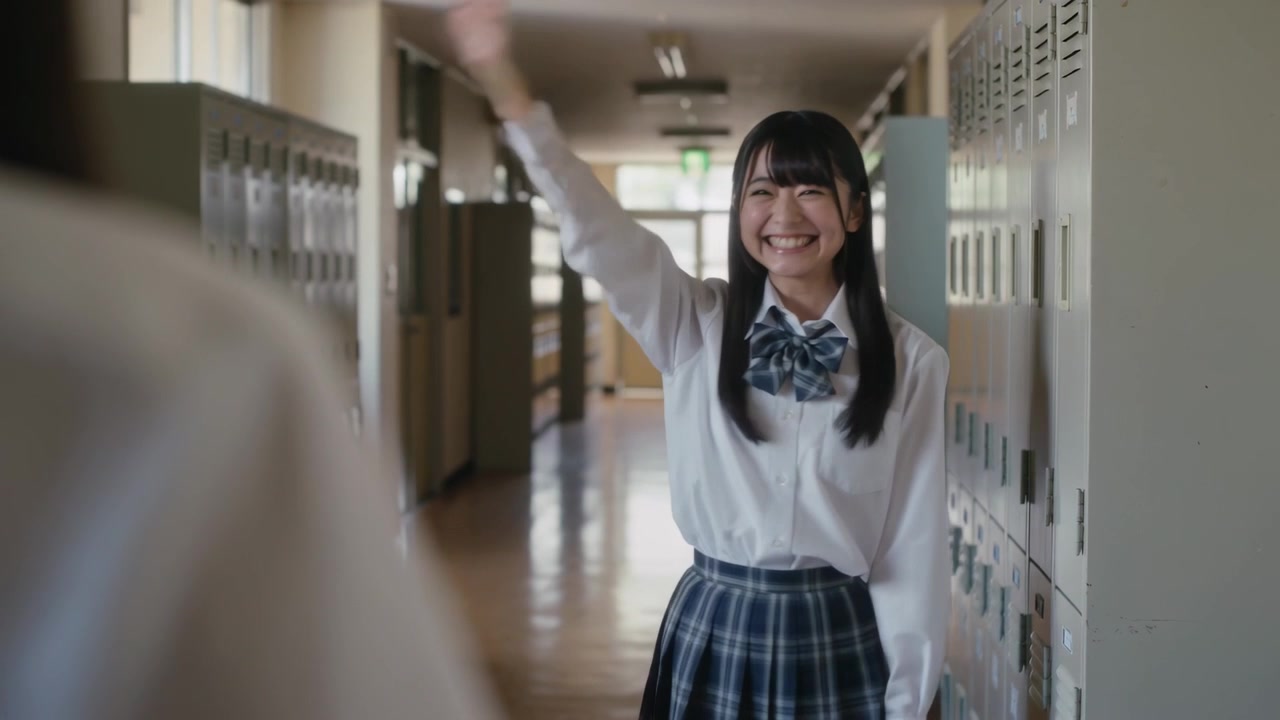 ぼやけた同級生に気づき、制服姿の学生がロッカーの前でクラスメートに挨拶するため右手を振る。