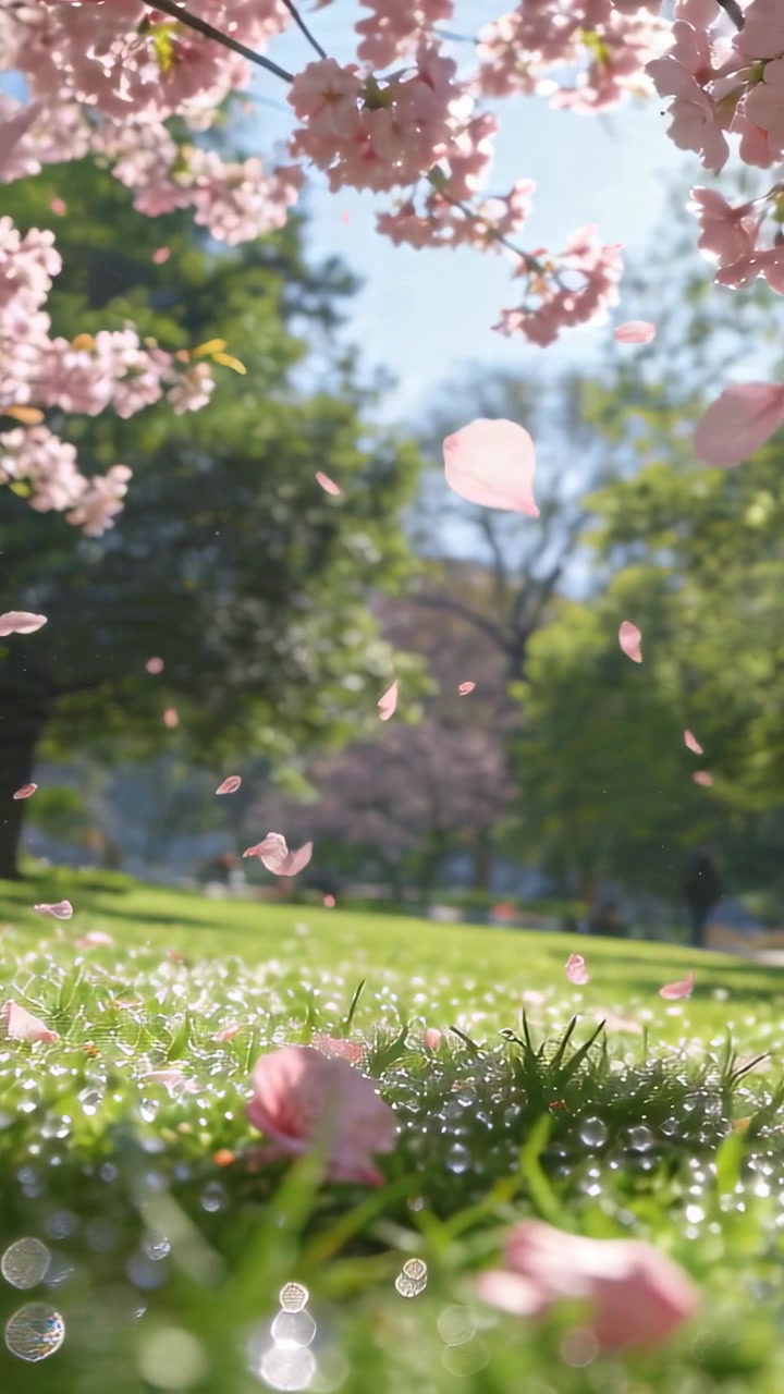 Vertical video: Breeze lifting pink cherry bloom branch, dropping petals onto park dewy grass bokeh