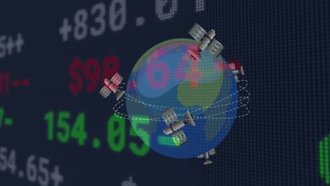 Animation-of-financial-data-processing-over-satellites-flying-around-globe