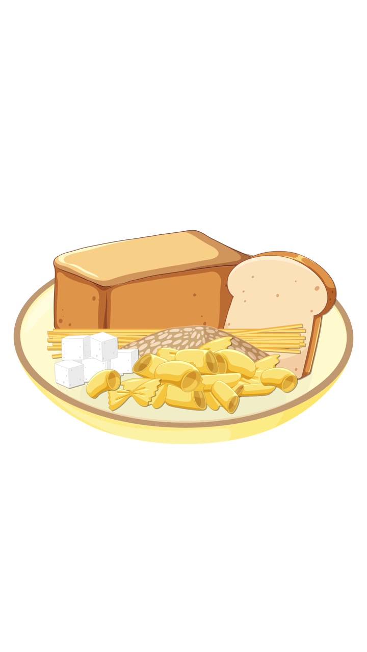 Carbohydrate-rich foods gradually appear on plate, clean white background, smooth transitions, vertical composition