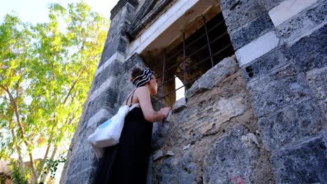 tourist, girl, walking, abandoned village, exploration, adventure, travel