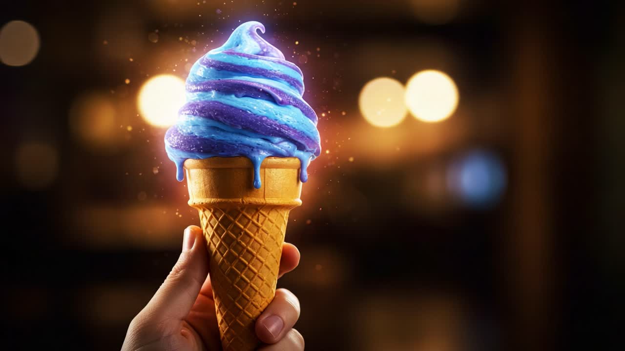 A vibrant and colorful swirl of soft-serve ice cream, delicately balancing on a waffle cone, with drips cascading down, capturing a delightful summer treat moment