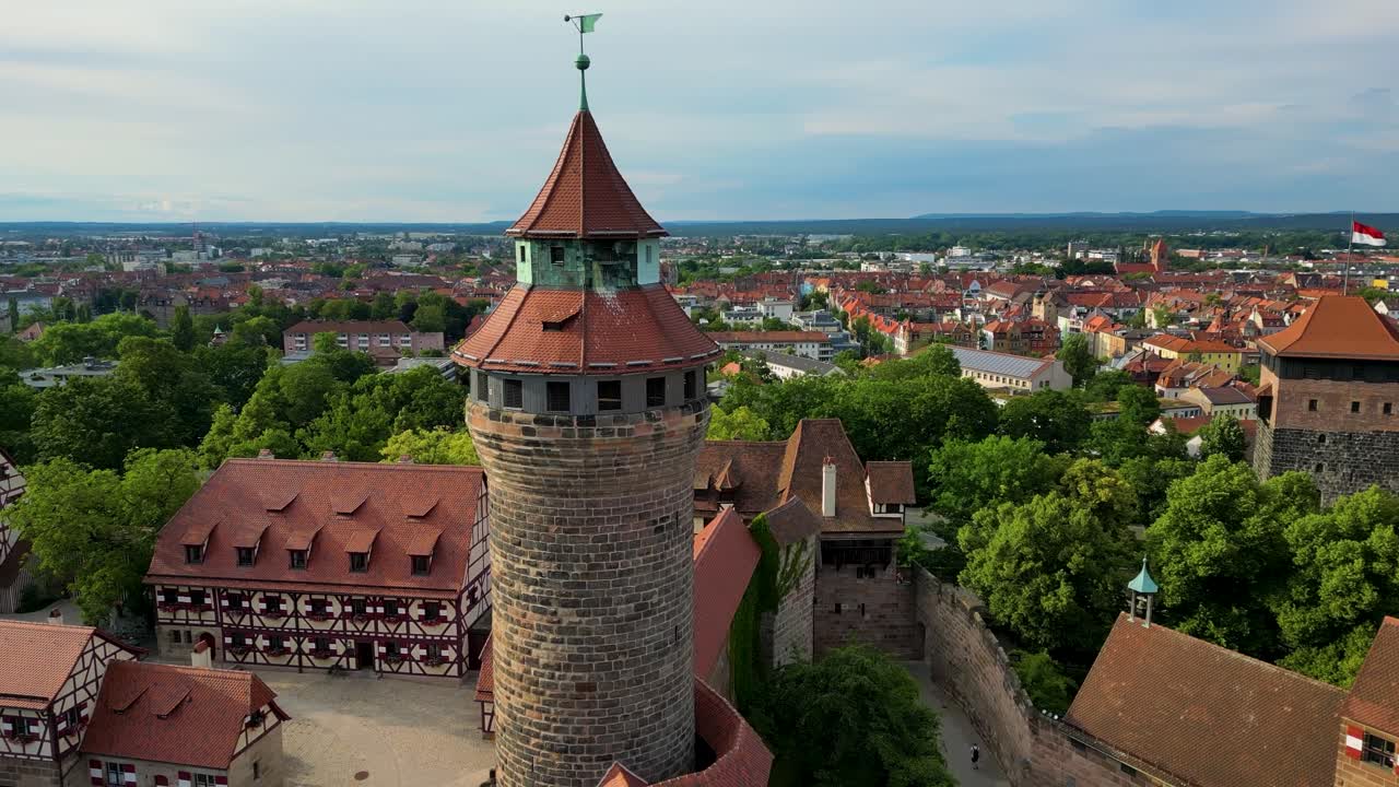 4K Aerial Drone Video of the Heathens' Tower and Sinwell Tower on the Imperial Castle in Downtown Nurnberg, Germany