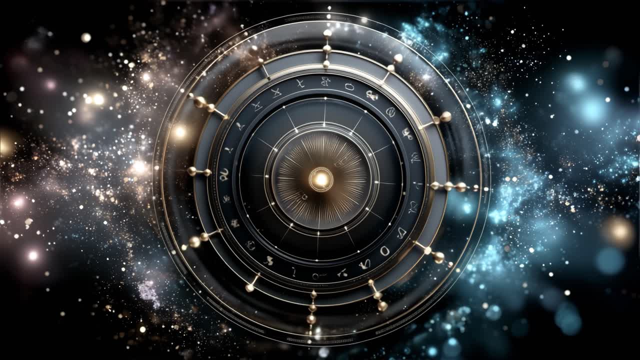 Astrological symbol layout. Vibrant display of astrological signs surrounded by cosmic elements in a dark space, resembling celestial patterns.