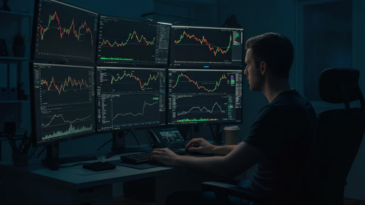 A Focused Trader Analyzing Charts on Multiple Monitors During Nighttime, Utilizing Advanced Tools to Monitor Market Trends and Make Informed Decisions
