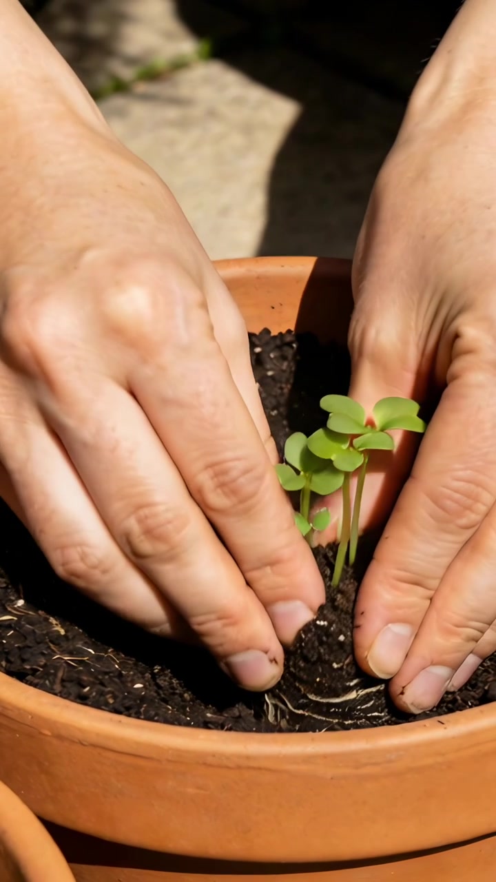 Video vertical: Manos desnudas sosteniendo raíces, plantando plántulas en una maceta de terracota en un patio.