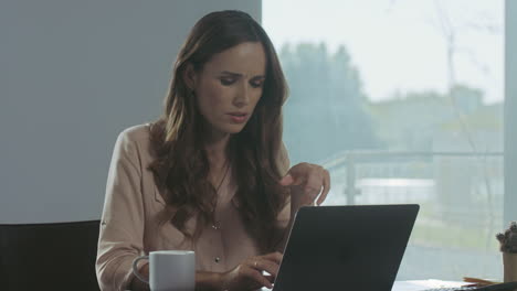 business woman working on laptop in private house