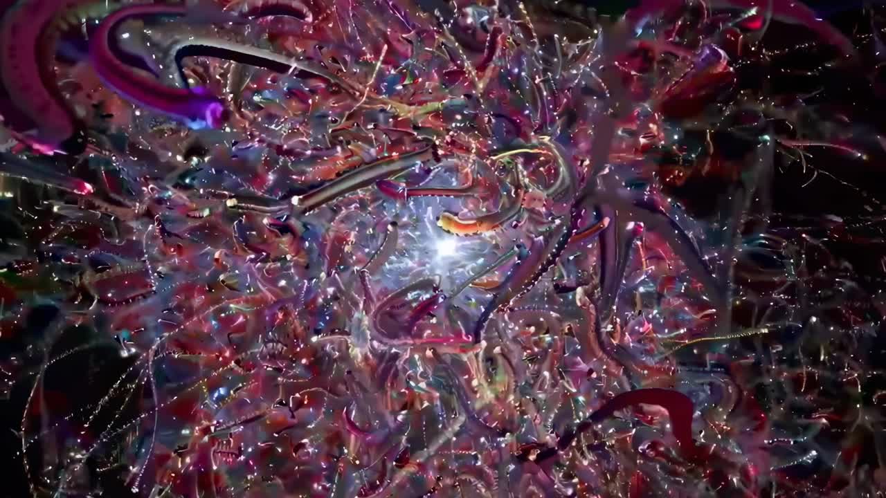Top-down video view of vibrant, abstract purple and pink fractal patterns on black