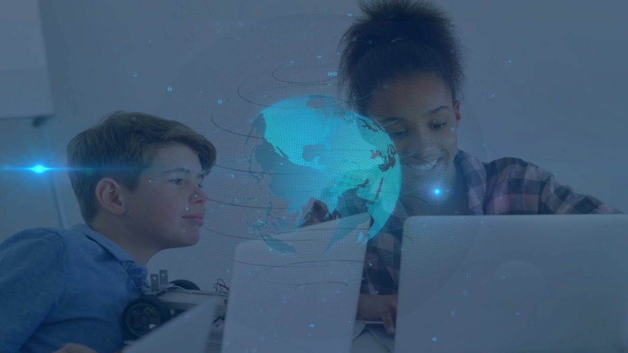 Female student typing on laptop at table, starting hologram globe rotating as boy watching learning