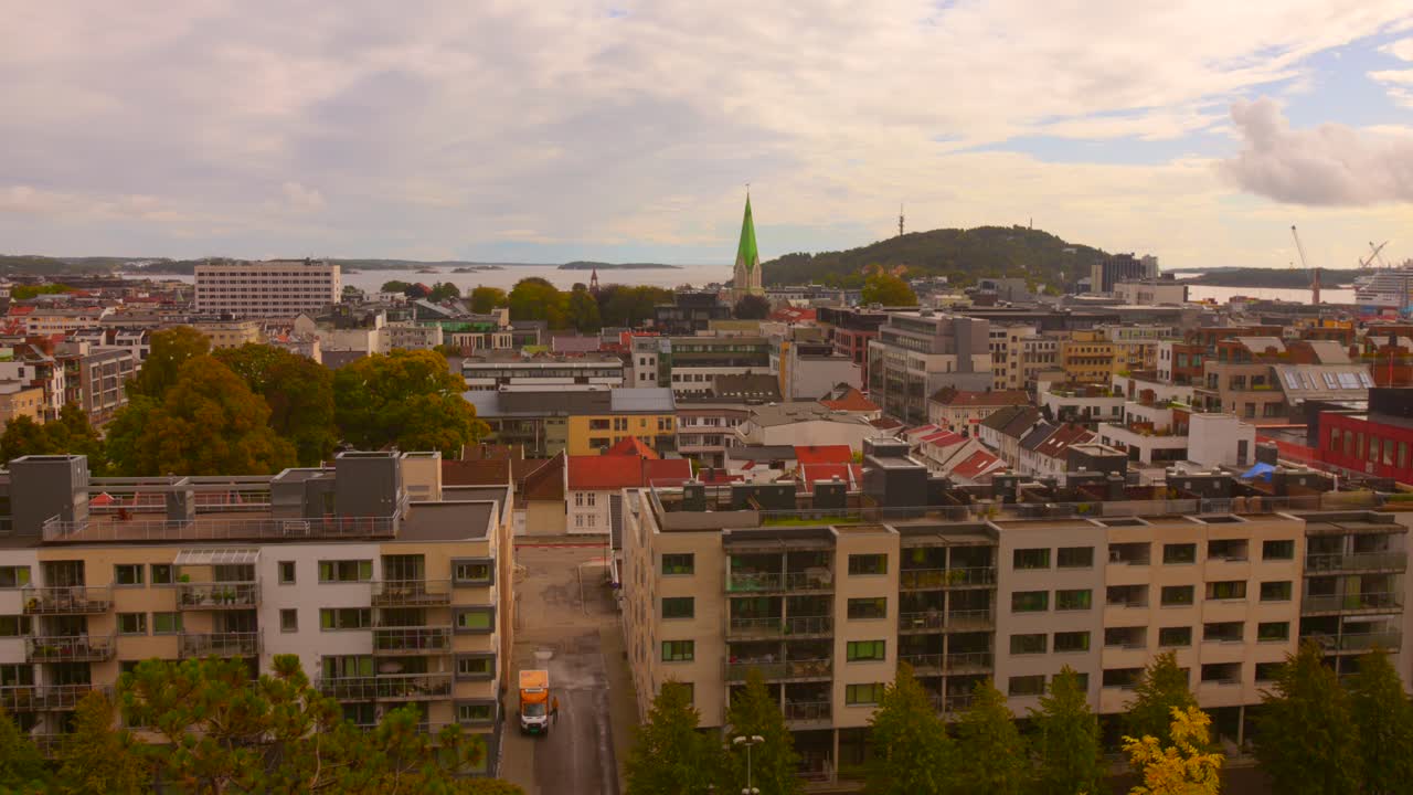 High-angle cityscape of Kristiansand, Norway, cloudy weather
