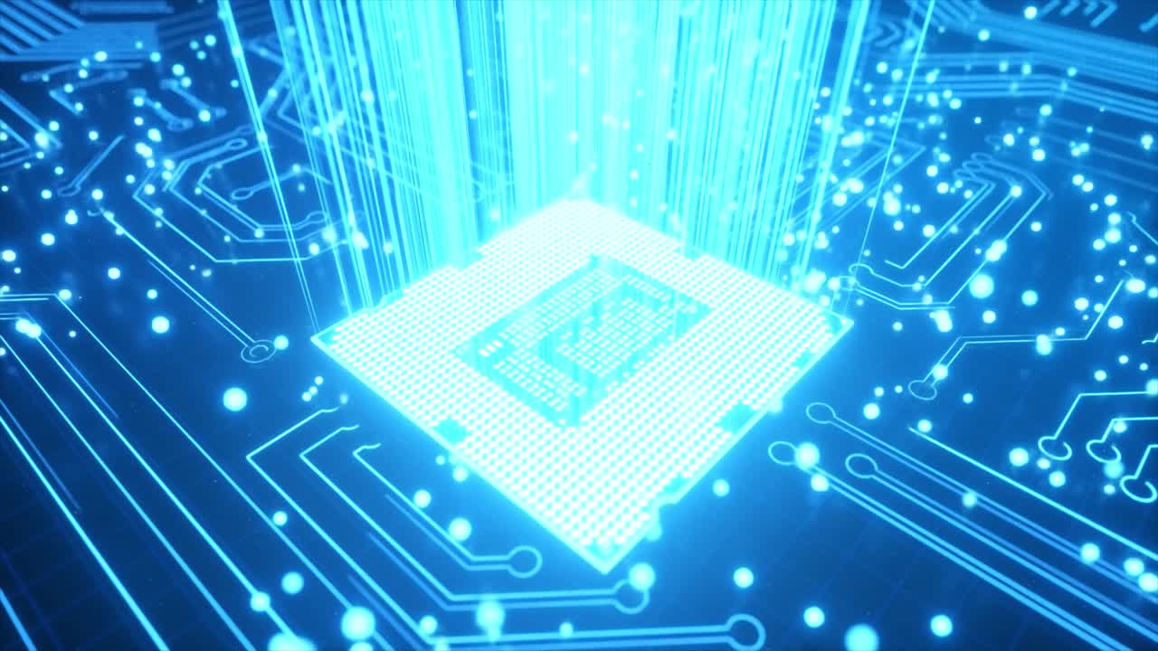 하이테크 마이크로프로세서 (high-tech microprocessor) 와 회로판 (circuit board)