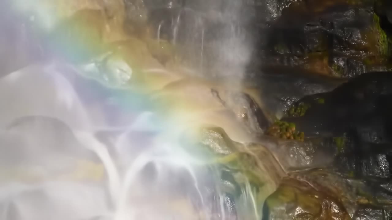 Captivating Cascade: A Stunning Display of Waterfalls with Colorful Rainbows Dancing Across Smooth Stones in a Tranquil Natural Setting