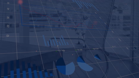 Animation-of-graphs,-loading-circles,-changing-numbers-over-unoccupied-chair-in-office