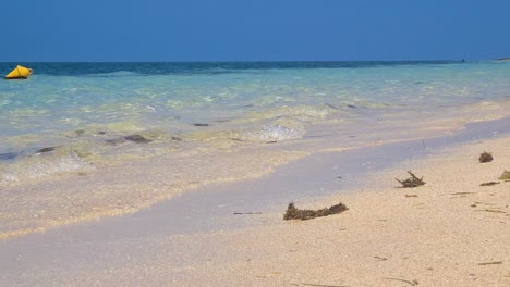 Sanft-Brechende-Wellen-Am-Strand-Mit-Verstreuten-Algen-Und-Gelber-Boje-Im-Hintergrund