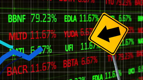 Animation-of-financial-data-processing-over-arrow-on-yellow-road-sign