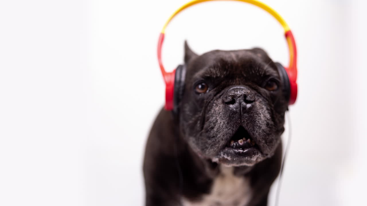 Dj french bulldog with headphones and turntables