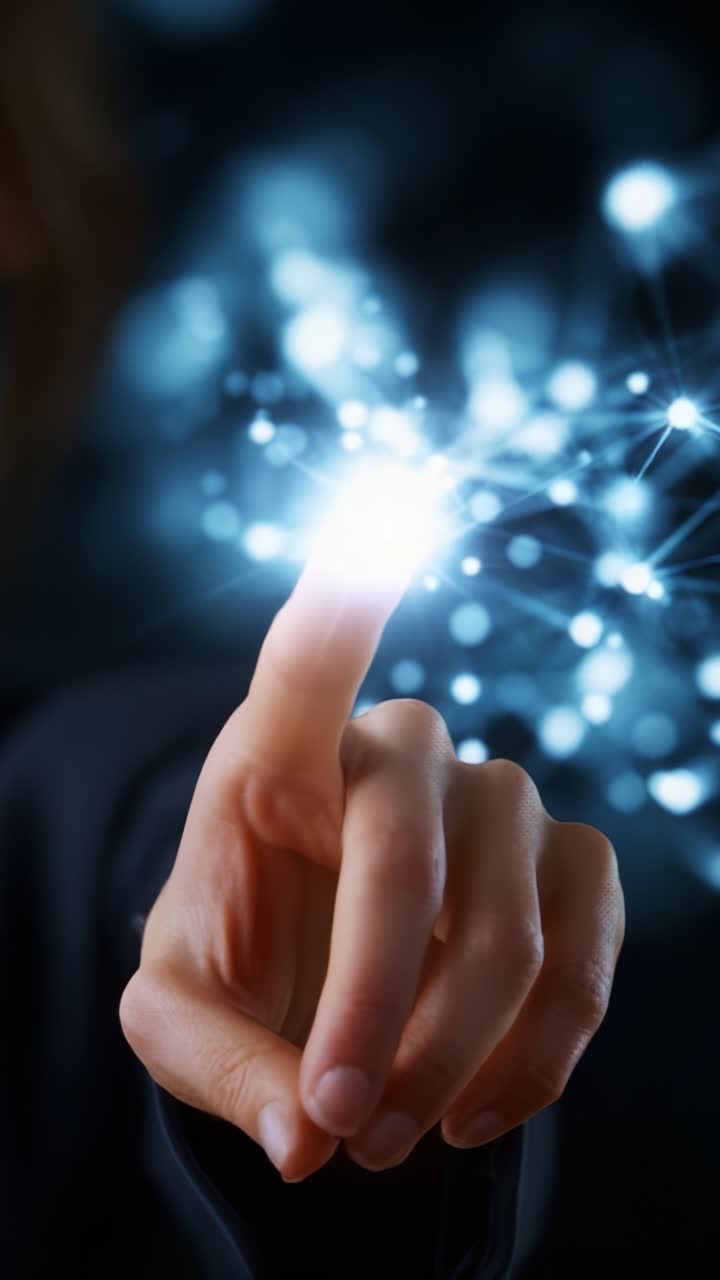 Una mano si protende, illuminando una rete di connessioni con un tocco luminoso su uno sfondo scuro, a simboleggiare l'innovazione e l'interazione digitale