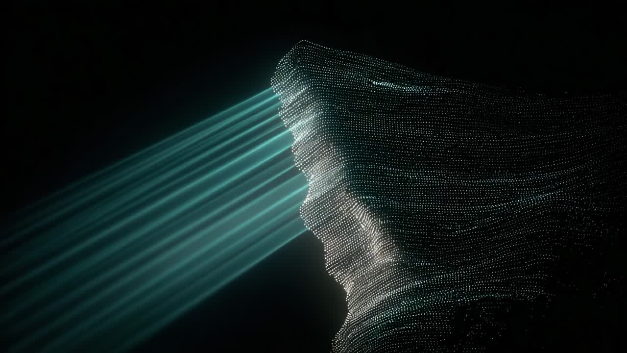 A mesmerizing visual of a digital face created from a cascade of luminous particles, casting beams of light through an enigmatic void, evoking emotion and contemplation in a captivating dark setting