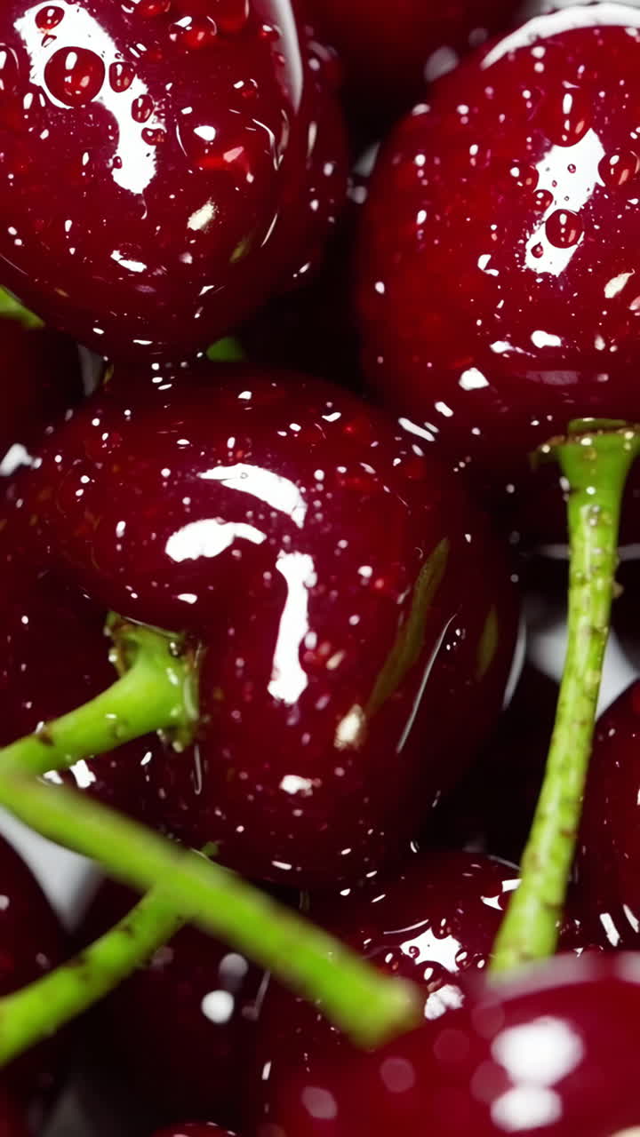 Tampilan Dekat Ceri Merah Segar Basah dengan Tetesan Air