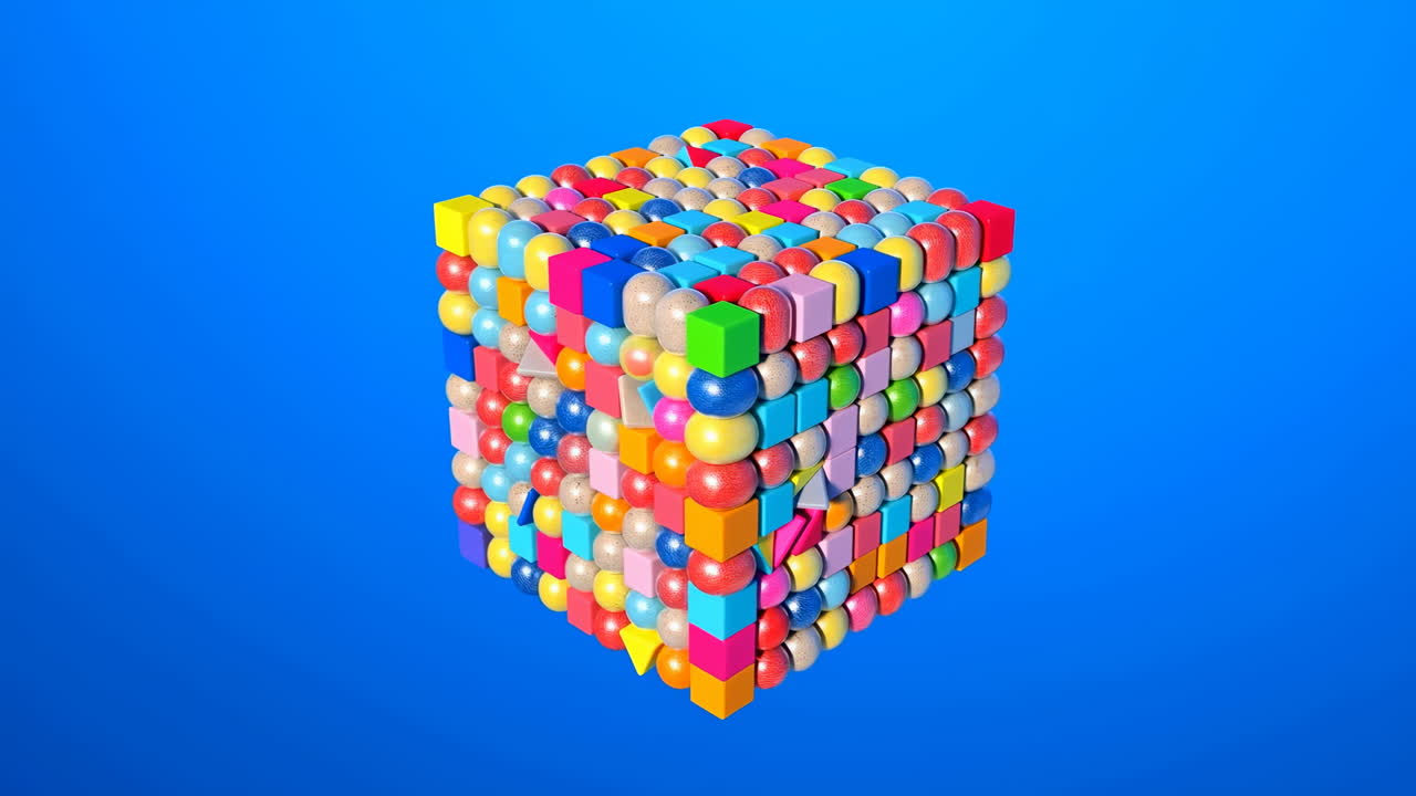 Abstrakt 3D-kube med farverige morfende geometriske former