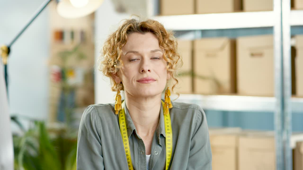 крупным планом вид кавказской женщины-дизайнера, сидящей за столом, пишущей смс на смартфоне и улыбающейся в камеру на складе магазина одежды