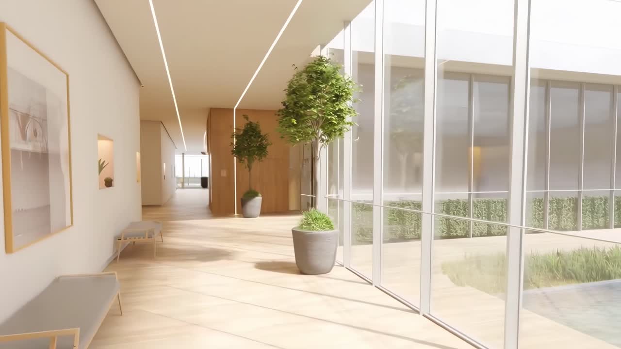 Corridoio interno moderno con grandi finestre, ripreso dal basso, ideale per video.