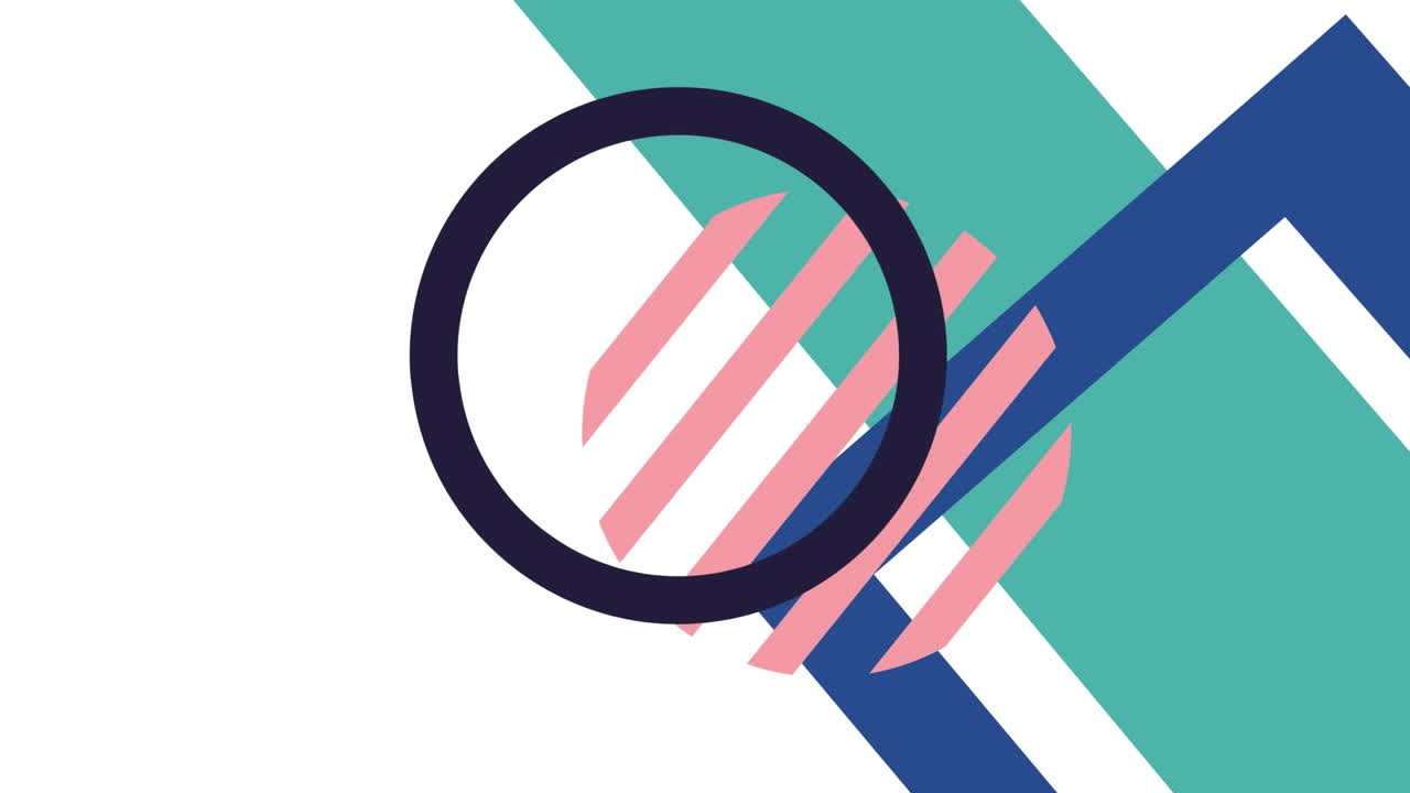 Animation of black and pink stripe circles over blue geometric shapes on white background