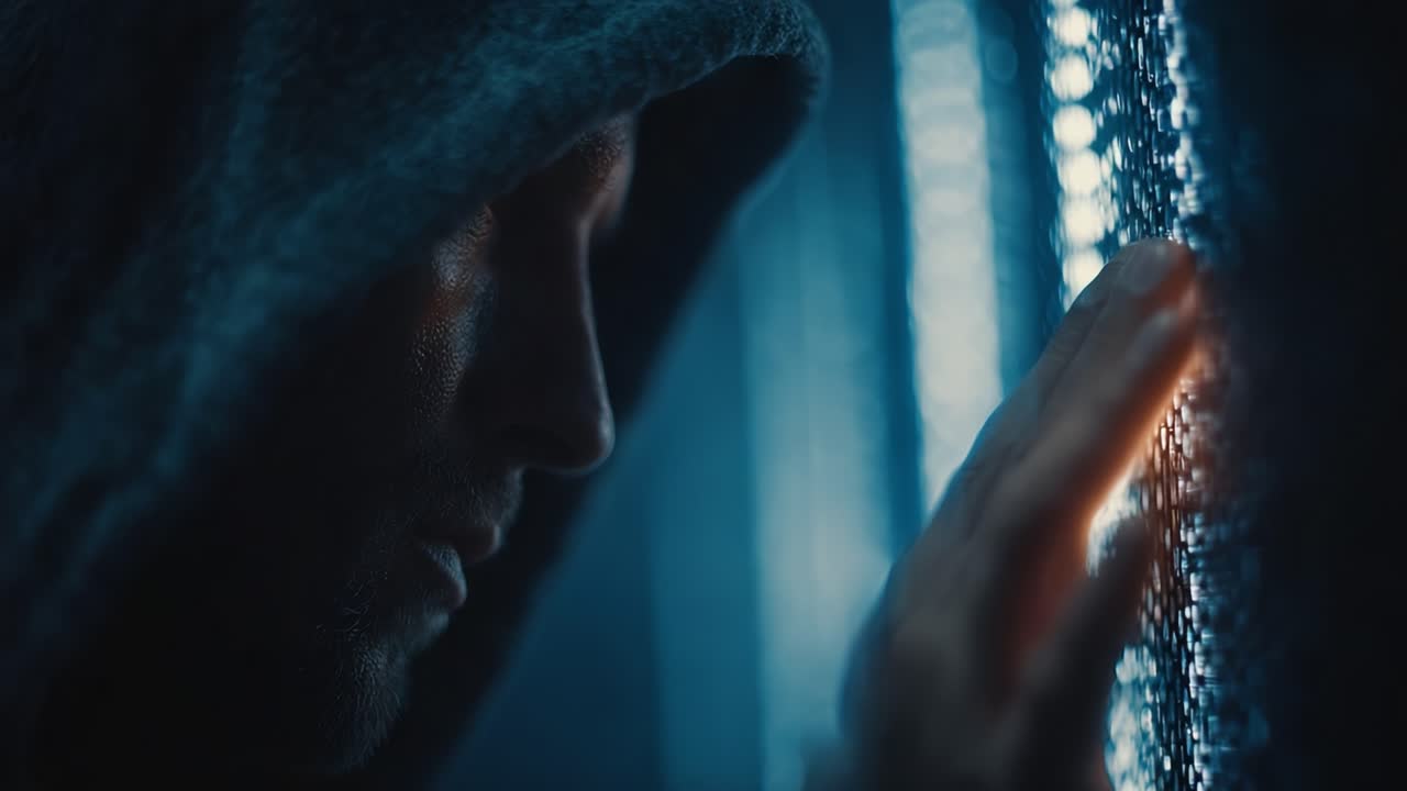 A Mysterious Figure in a Hood Contemplating Through Glimmering Lights, Captured from Video Footage Exploring Shadows and Light Interplay in a Thoughtful Moment