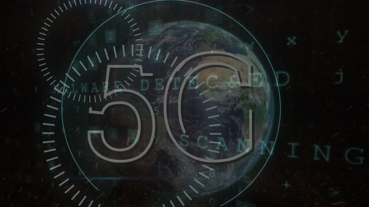 animación de texto 5g y procesamiento de datos con escaneo de alcance en todo el mundo