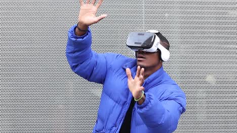 black man experiencing virtual reality in city