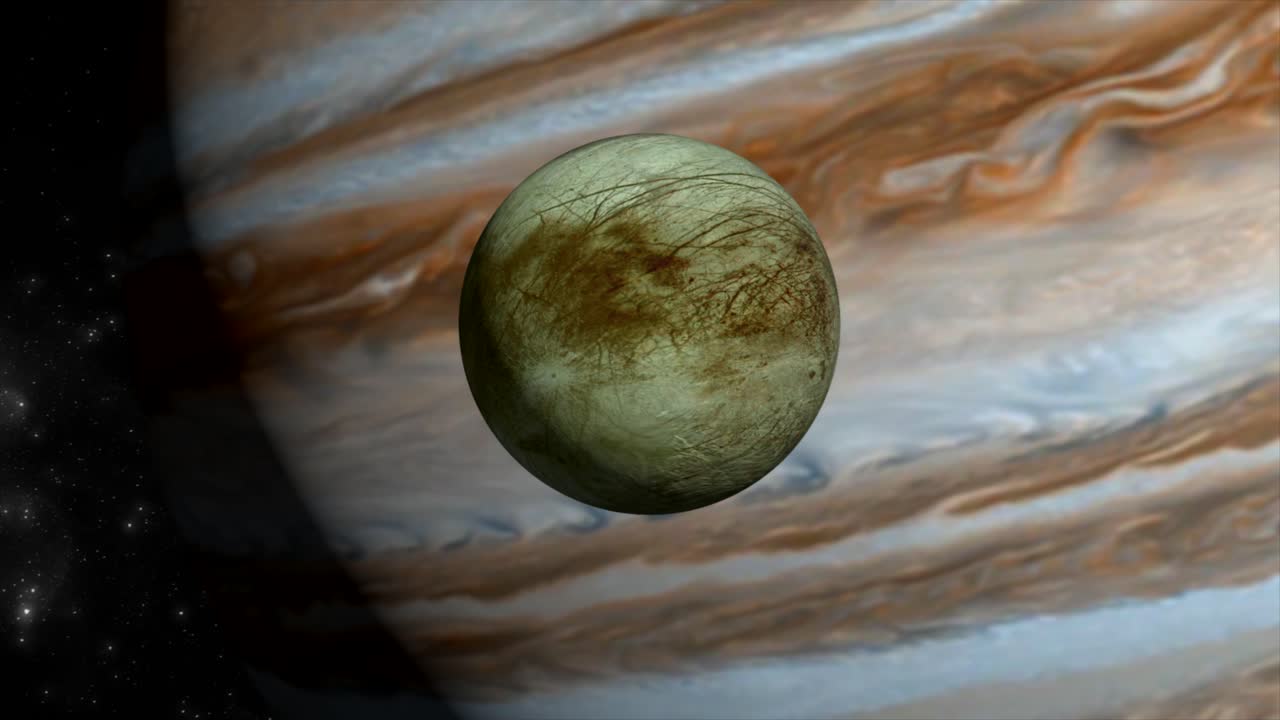 Beautifully detailed 3D CGI space scene approaching Jupiter�s moon Europa, with the huge, impressive shape of Jupiter in the background