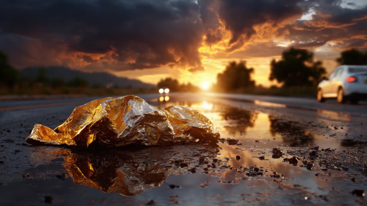 Ein Hauch von Gold: Reflexionen auf einer regennassen Straße unter einem dramatischen Sonnenuntergang, die die Schönheit der Natur inmitten städtischen Durcheinanders einfangen