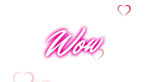 animación de texto, wow, con corazones cayendo sobre fondo blanco