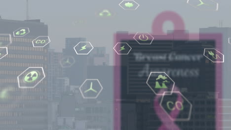 animación de iconos ecológicos digitales sobre el paisaje urbano