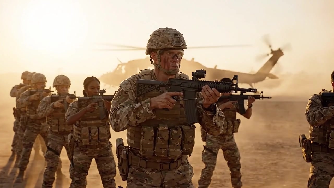 Unidad militar avanzando en formación de combate bajo el sol poniente, con un helicóptero brindando apoyo aéreo y soldados equipados para operaciones tácticas.