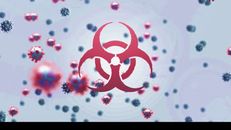 animación de un signo de peligro biológico y múltiples células de virus flotando sobre un fondo azul claro