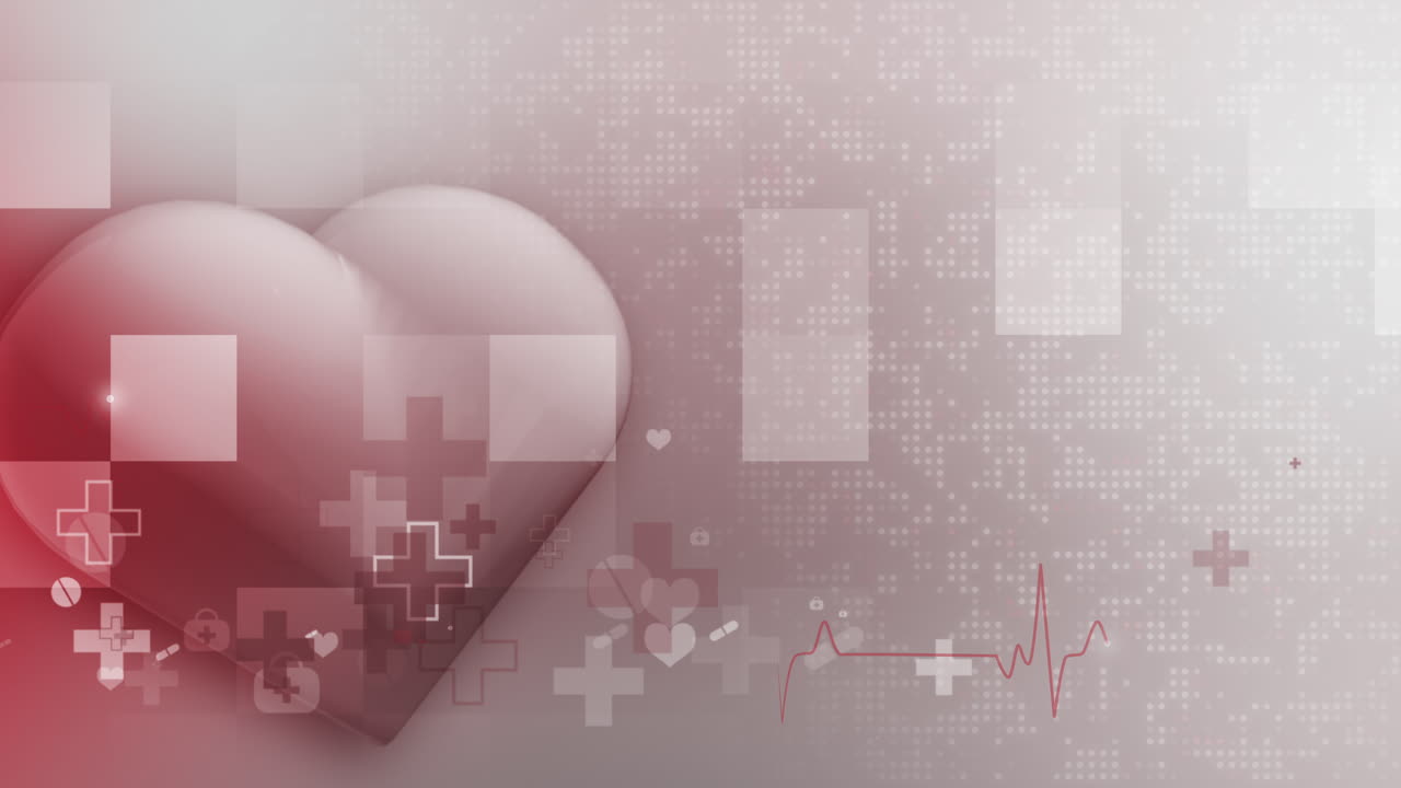 Animation of a red 3D heart. Medical abstract background with healthcare symbols. Cardiogram of the heart. Looped seamless.