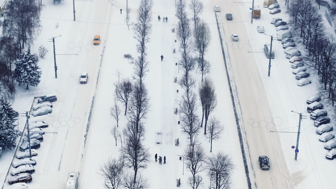 Aerial drone view of the city covered in snow. Winter in Chisinau, Moldova