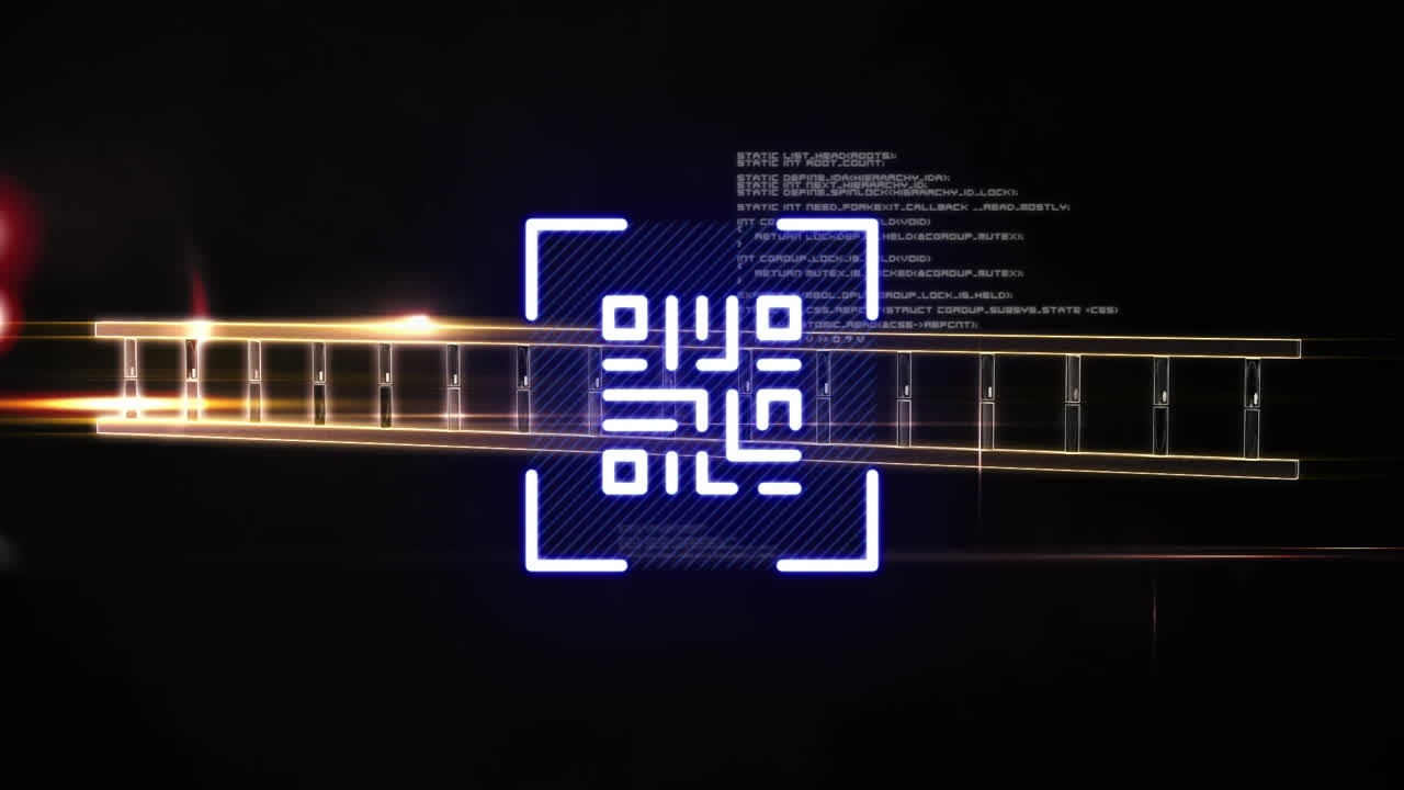 animación digital de código qr brillante contra la estructura del adn y el procesamiento de datos en fondo negro