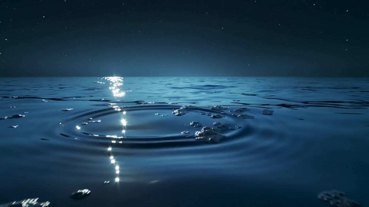 Mare increspato che forma anelli circolari dopo un impatto locale di notte, sentiero illuminato dalla luna e chiazze di schiuma.