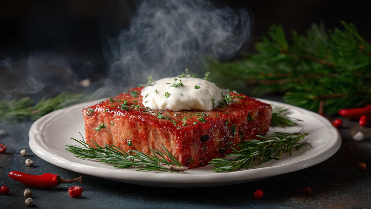A Gourmet Culinary Delight Featuring Succulent Meatloaf Topped with Creamy Poached Egg and Garnished with Fresh Herbs and Spices, Perfect for a Satisfying Meal