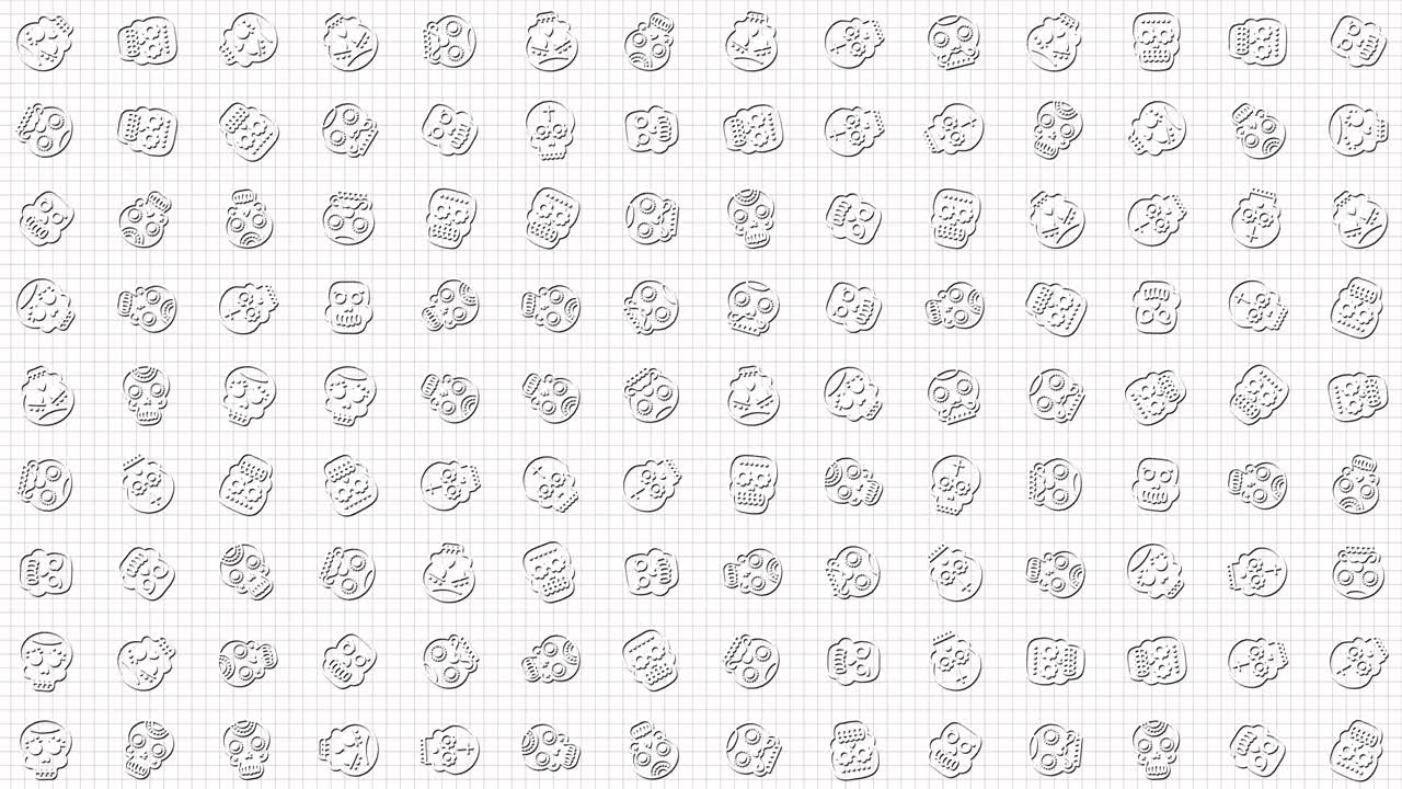 인간 두개골 아이콘 애니메이션 루프: 매 없는 패턴 배경: 작은 인간 두개골을 아이콘은 그리드에서 천천히 회전합니다. 색 배경