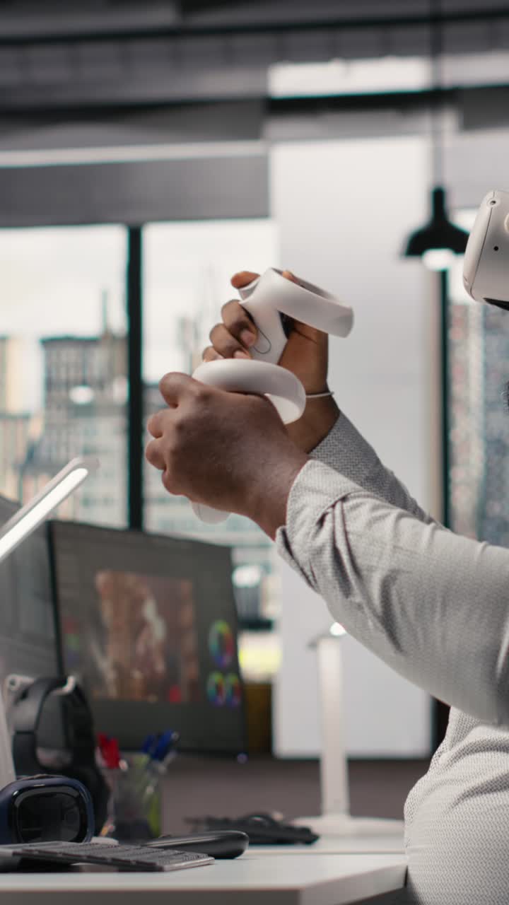 Vertical Video Black Game Developer Designing Assets With Vr Headset At The Office